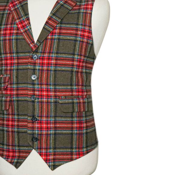 Mens 46R Wool Olive Green Red Tartan Plaid Vest Waistcoat Wedding Party Formal - Picture 5 of 8